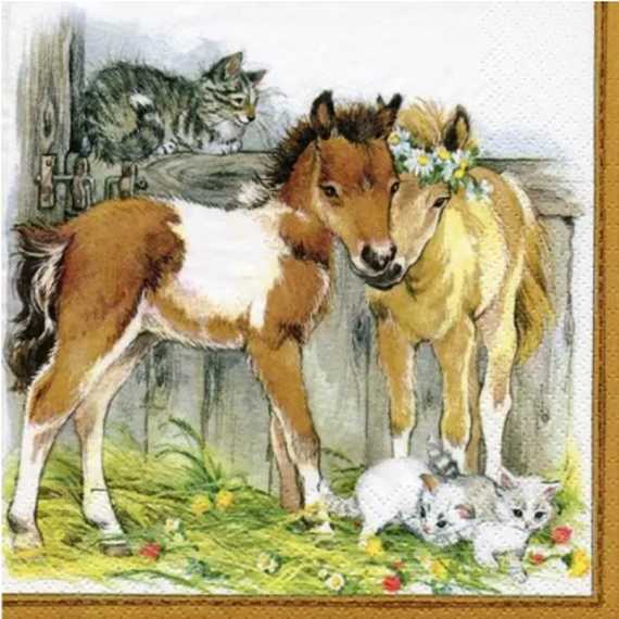 Serviette TI-FLAIR (33 x 33 cm) - Kitten & Foal in stable - Cliquez sur l'image pour la fermer